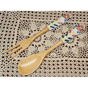 Wood Serving Fork & Spoon w/ White Ceramic Handles Hand Painted Flowers